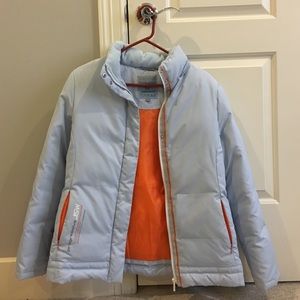 Baby blue snowboarding down and feather jacket